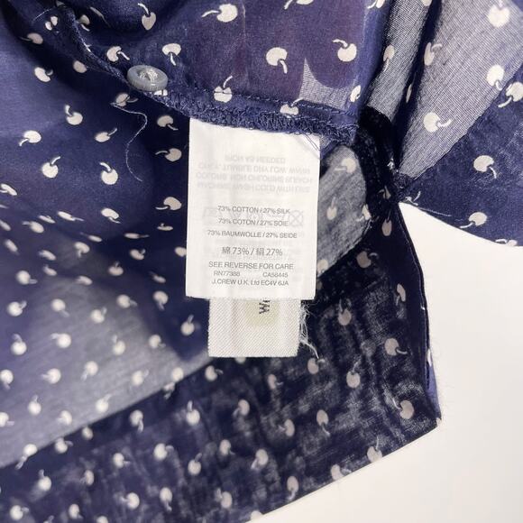 J Crew Womens 2XS Navy Blue Ruffle Tiny Cherries Printed Blouse Top Long Sleeve - Picture 10 of 14